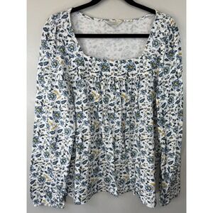 Lucky Brand White Square neck Floral Pullover W Elastic Cuffs Size L